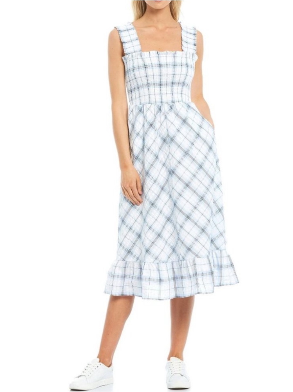 Eliza J Smocked Plaid Cotton Seersucker Midi Sundress Sz 10 Cottagecore